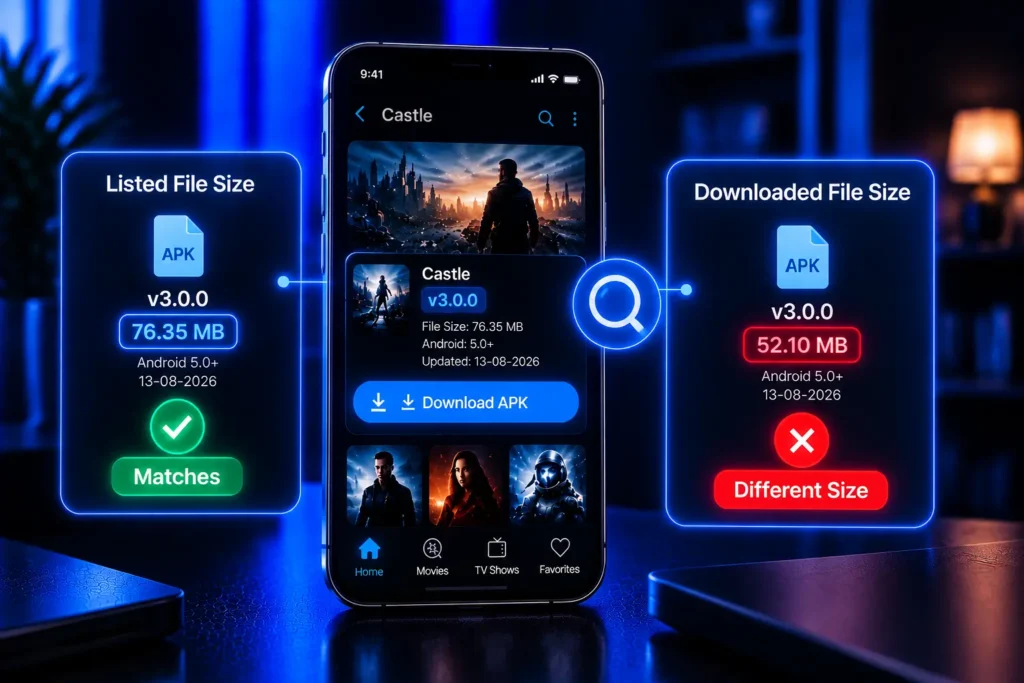 Compare the Castle APK file size before installation to verify the downloaded file matches the listed details