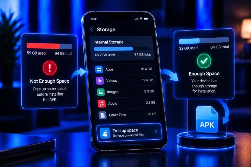 Check available device storage space before installing the Castle APK and free up space if needed