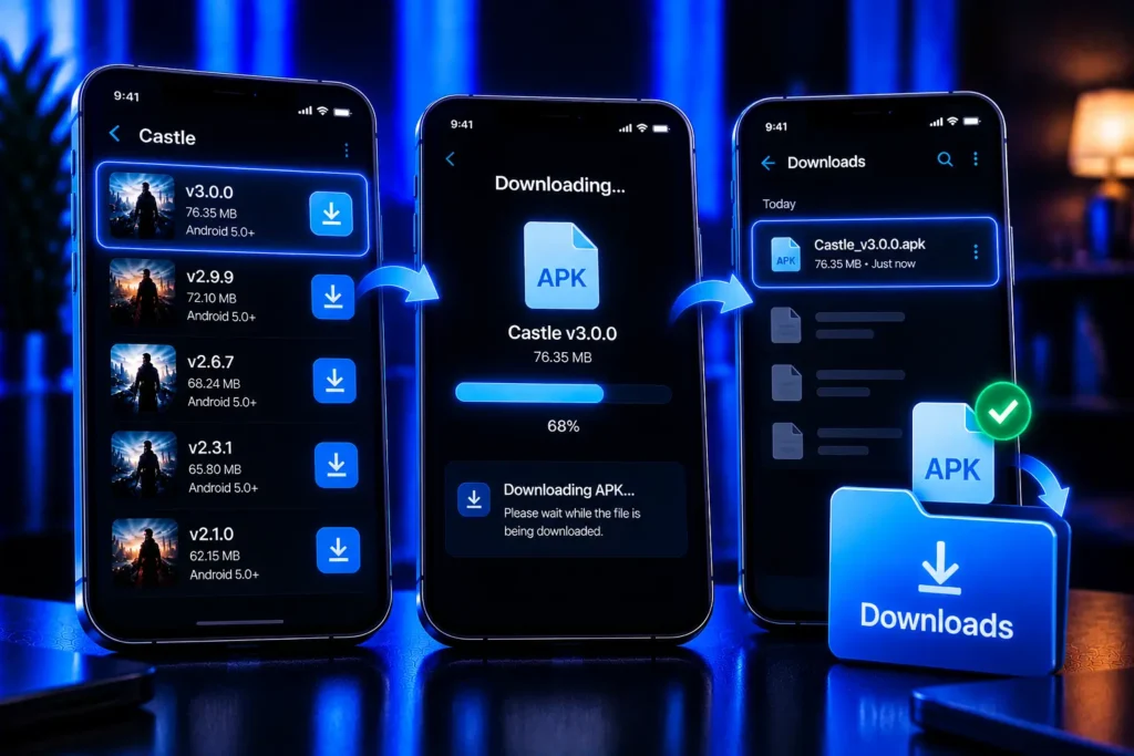 Download the selected Castle APK version and save the file in the Downloads folder on Android