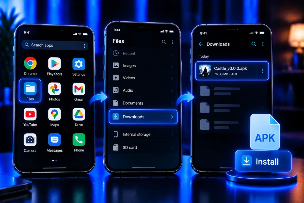 Open the Castle APK file from the Downloads folder using an Android file manager to start installation