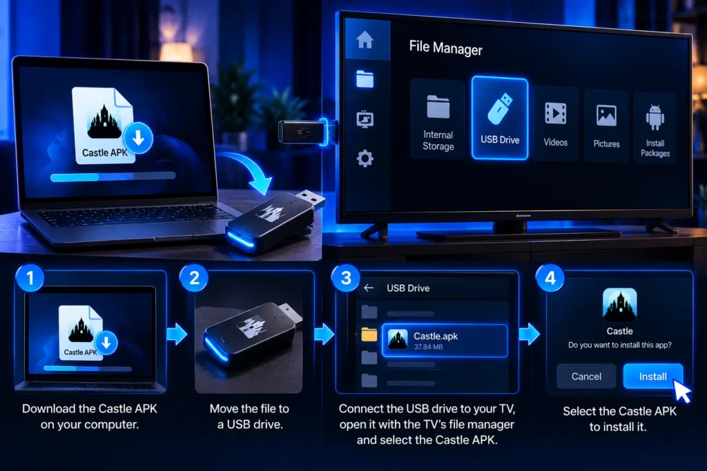 Install the Castle APK on a TV by transferring the file from a computer to a USB drive and opening it with the TV file manager