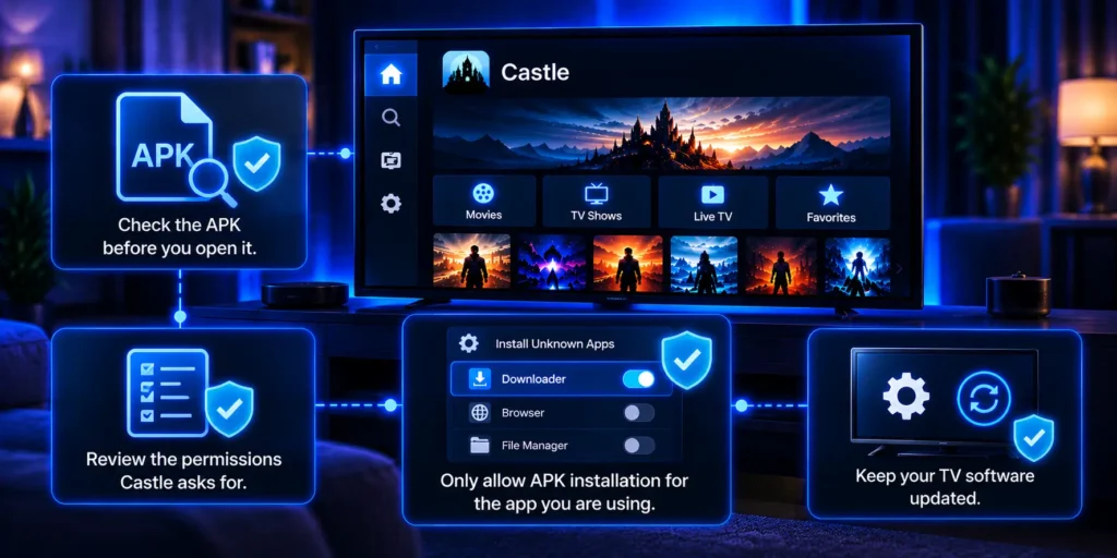 Check the Castle APK, review app permissions and manage installation access on a TV device