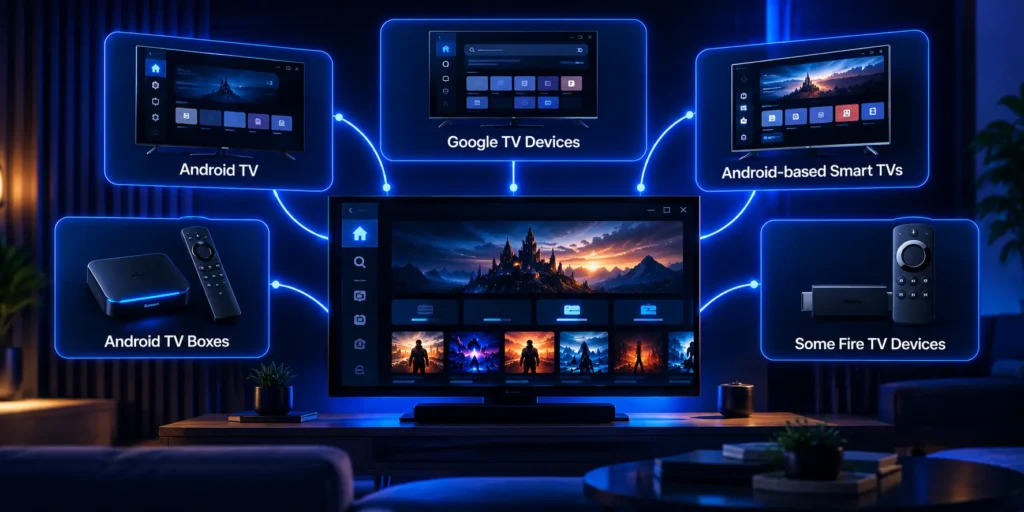 Android TVs, Google TV devices, Android Smart TVs, TV boxes and compatible Fire TV devices that support Castle APK
