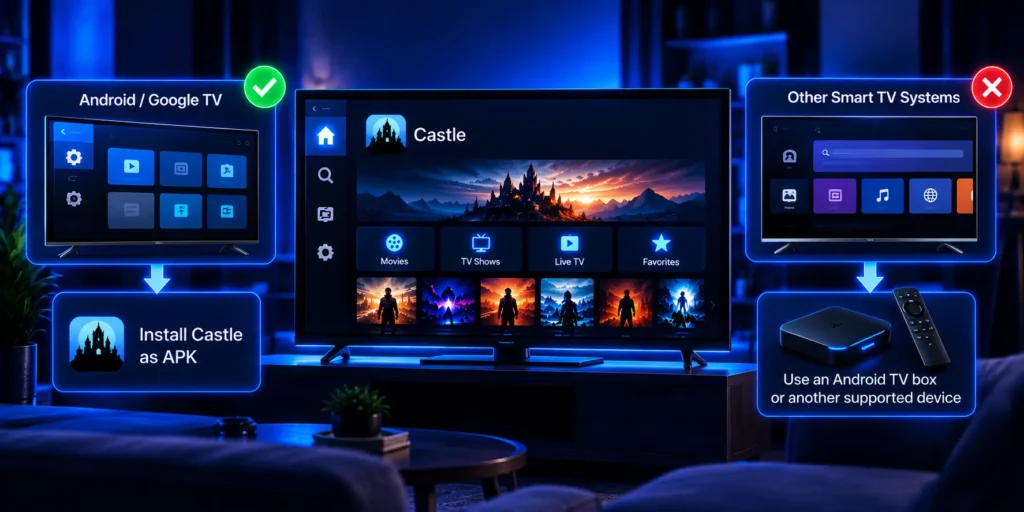 Check Smart TV compatibility with Castle APK on Android TV, Google TV, or through a supported Android TV box