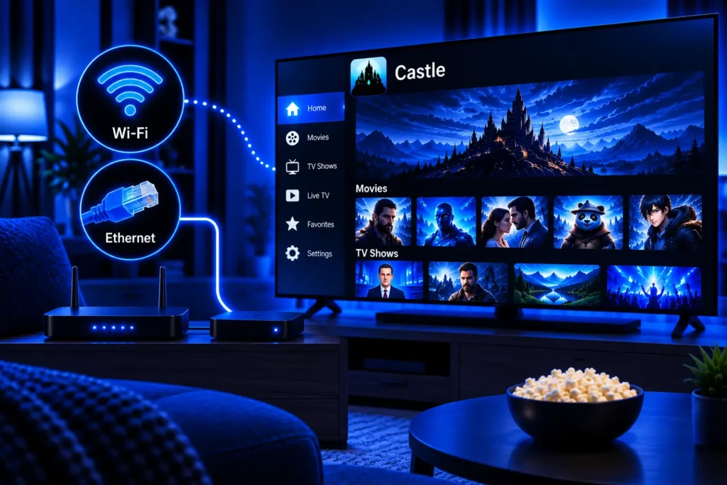 Connect a TV or streaming device to the internet through Wi-Fi or Ethernet for online streaming