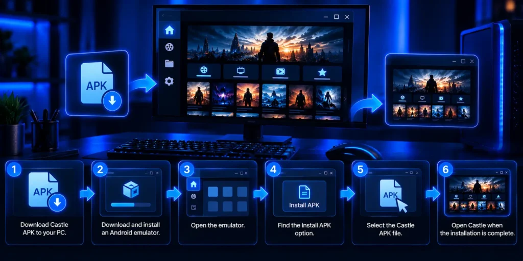 Download the Castle APK and install it through an Android emulator on a Windows PC
