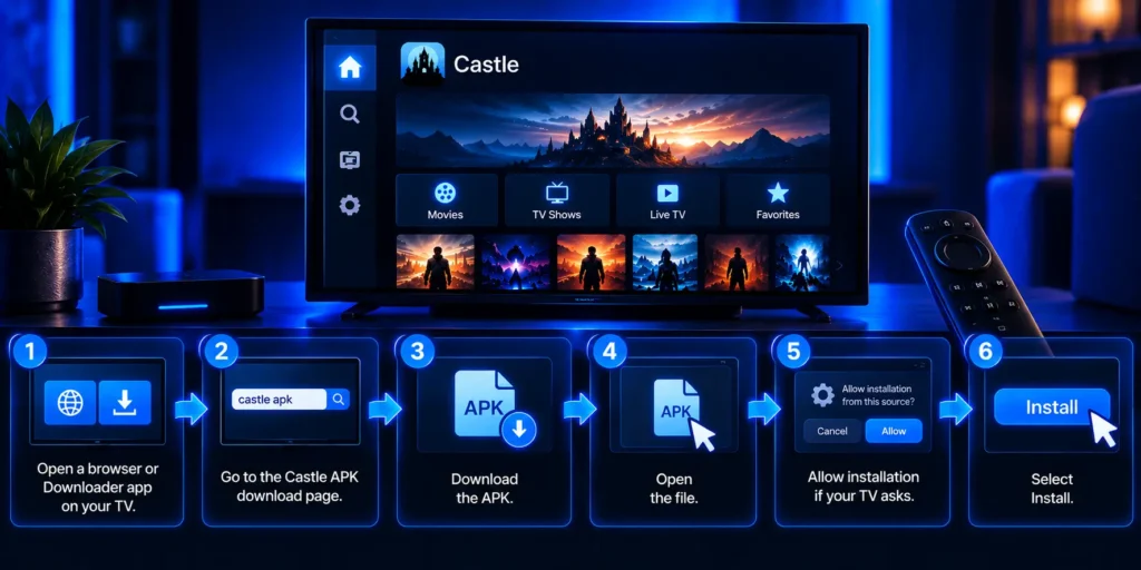 Download and install the Castle APK directly on Android TV using a browser or Downloader app