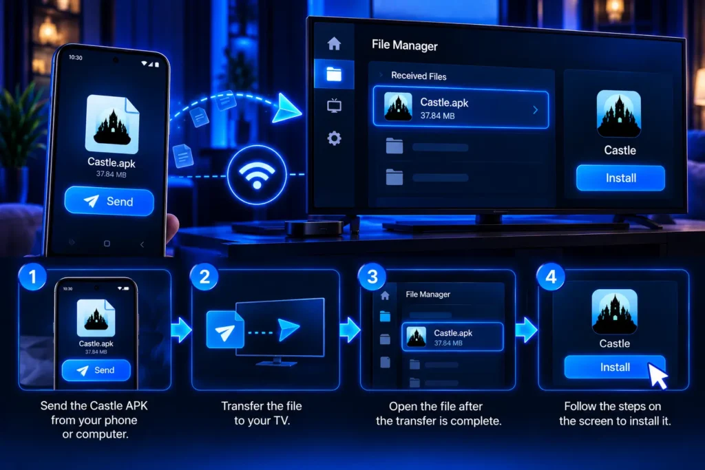 Transfer the Castle APK from a phone or computer to an Android TV and install the file after transfer
