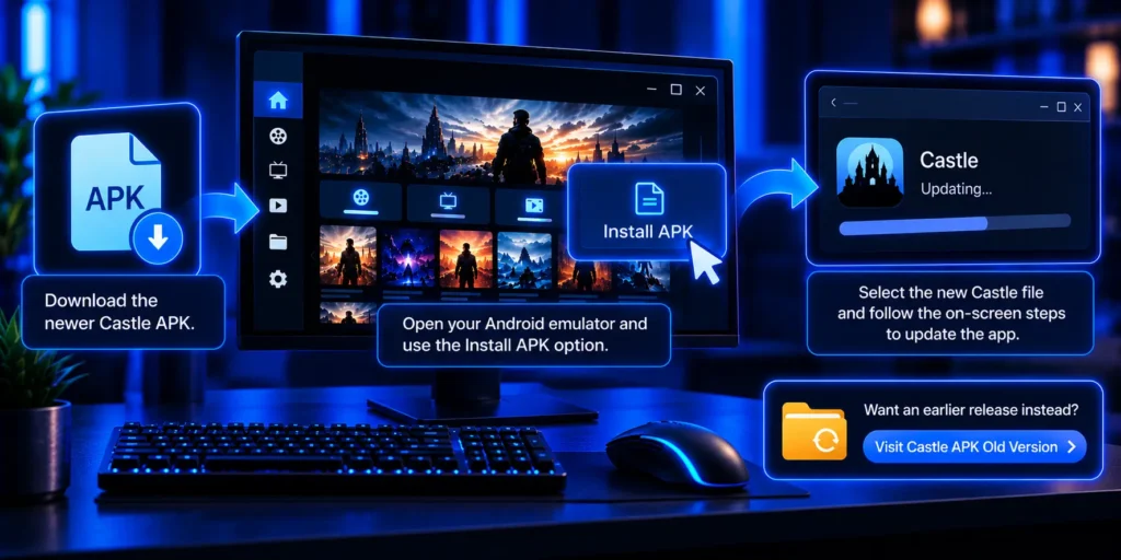 Update Castle APK in an Android emulator on PC using the Install APK option and a newer APK file