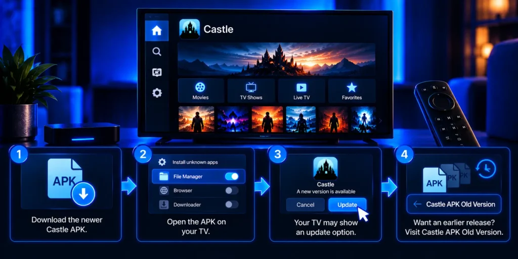 Update Castle on a TV by downloading a newer APK and following the on-screen installation steps