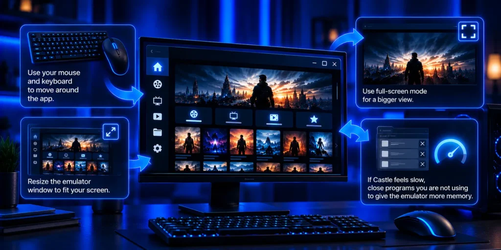 Use Castle through an Android emulator on Windows with mouse, keyboard, window resizing and full-screen mode