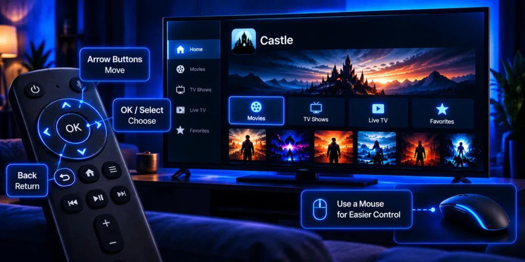 Navigate Castle on a TV with arrow, select and back buttons, or use a supported mouse for difficult controls